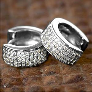 New Men’s Sterling Silver Sim. Diamond Wide Huggie Studs